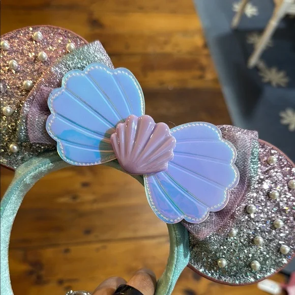 Disney Purple and Blue Little Mermaid Minnie Ears Headband Glitter and Pearls - Picture 6 of 6